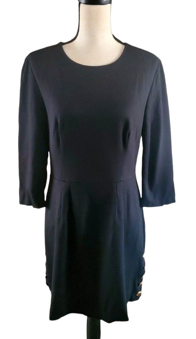 Trina Turk Black Stretch Knit A-Line Above Knee Dress Gold Button Detail Sz S